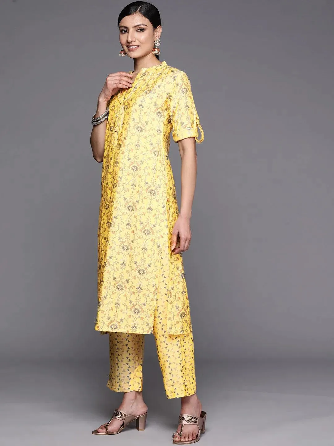 Yellow Printed Silk Blend Straight Kurta With Trousers