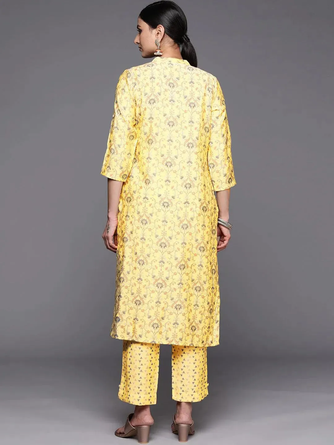 Yellow Printed Silk Blend Straight Kurta With Trousers