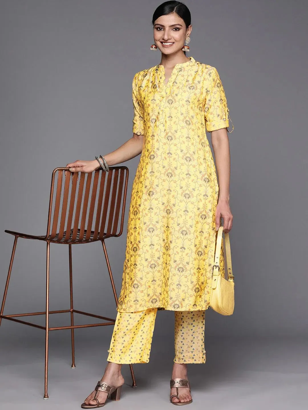 Yellow Printed Silk Blend Straight Kurta With Trousers